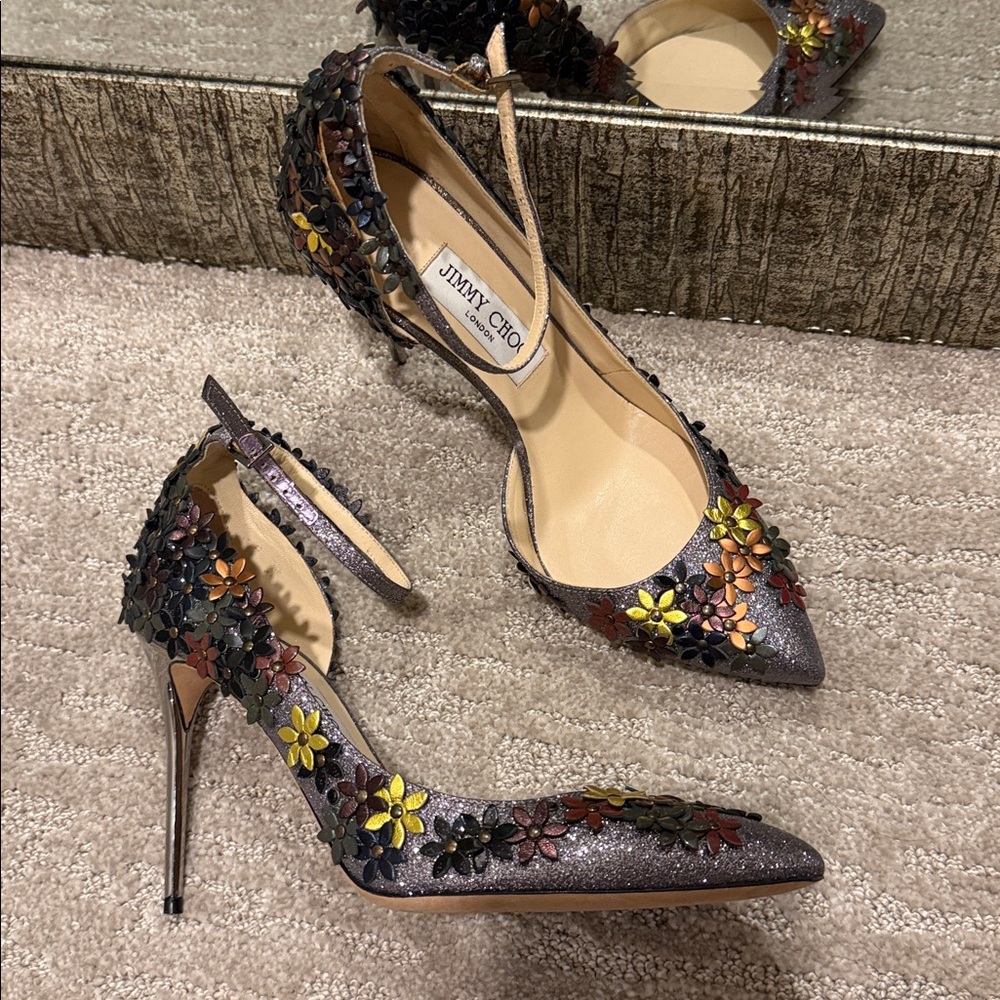 Jimmy Choo Floral Embellished Lorelai glitter heels 38.5 - Picture 16 of 17